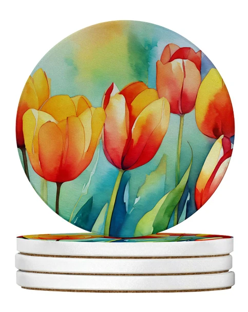 Tulips in Watercolor Large Sandstone Absorbent Round Coasters Pack of 4 DAC1619 product image at NuMercy