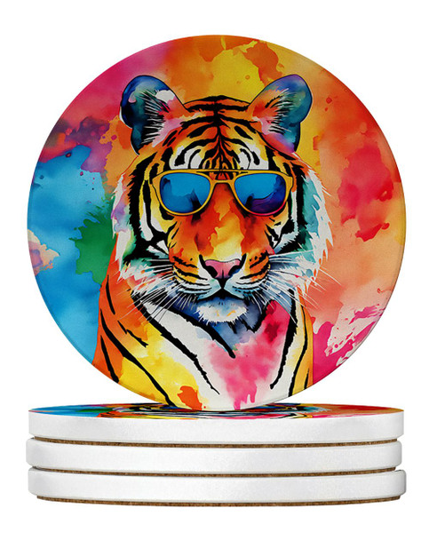 Hippie Animal Bengal Tiger Large Sandstone Absorbent Round Coasters Pack of 4 DAC3966 product image at NuMercy