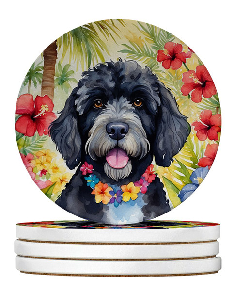Portuguese Water Dog Luau Large Sandstone Absorbent Round Coasters Pack of 4 product image at NuMercy