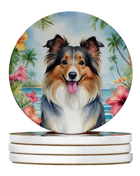 Sheltie Luau Large Sandstone Absorbent Round Coasters Pack of 4 product image at NuMercy