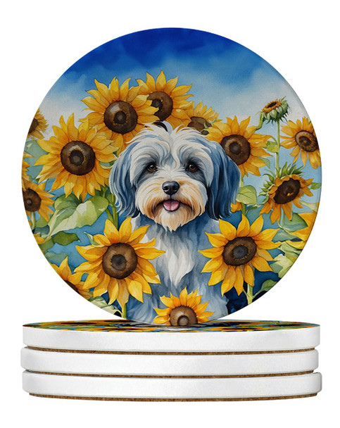 Tibetan Terrier in Sunflowers Large Sandstone Absorbent Round Coasters Pack of 4 product image at NuMercy