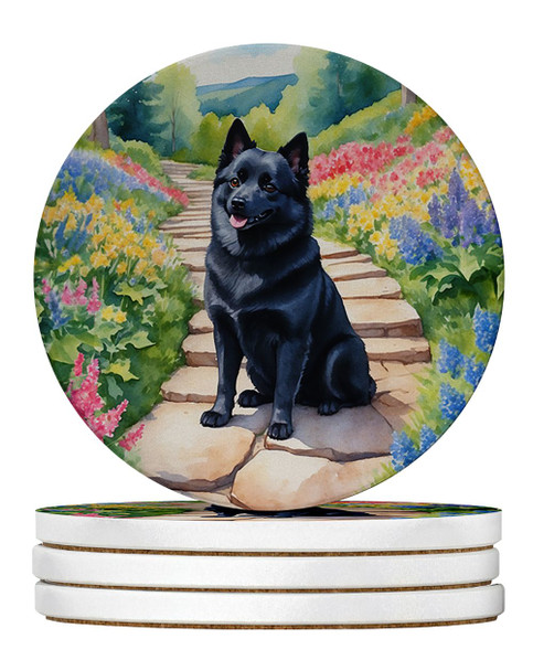 Schipperke Spring Path Large Sandstone Absorbent Round Coasters Pack of 4 product image at NuMercy