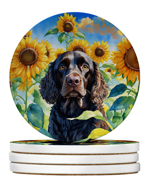 American Water Spaniel in Sunflowers Large Sandstone Absorbent Round Coasters Pack of 4 product image at NuMercy