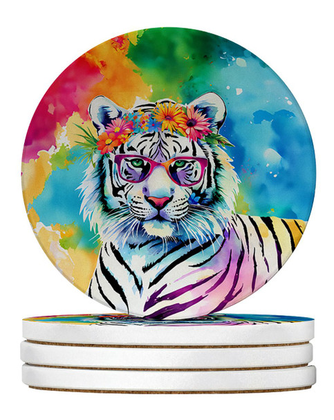 Hippie Animal White Tiger Large Sandstone Absorbent Round Coasters Pack of 4 DAC4049 product image at NuMercy