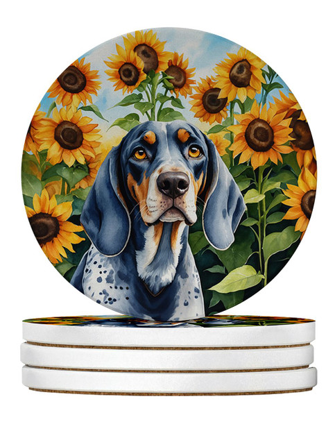 Bluetick Coonhound in Sunflowers Large Sandstone Absorbent Round Coasters Pack of 4 product image at NuMercy