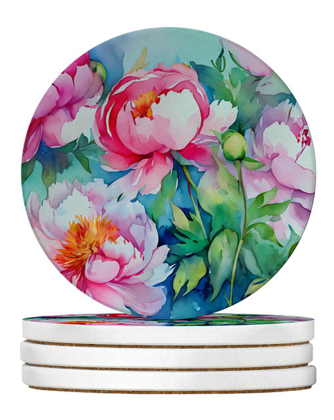 Peonies in Watercolor Large Sandstone Absorbent Round Coasters Pack of 4 DAC1595 product image at NuMercy