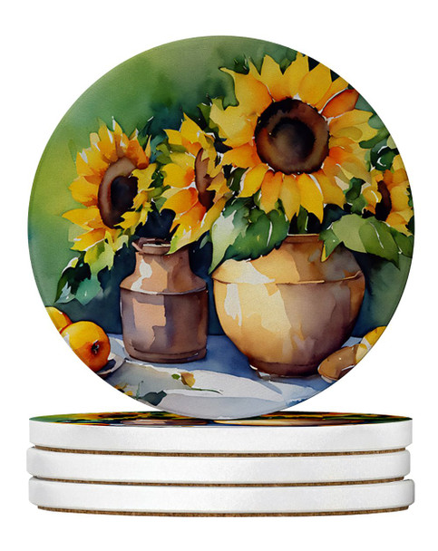 Sunflowers in Watercolor Large Sandstone Absorbent Round Coasters Pack of 4 DAC1612 product image at NuMercy