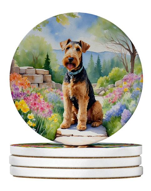 Airedale Terrier Spring Garden Large Sandstone Absorbent Round Coasters Pack of 4 product image at NuMercy