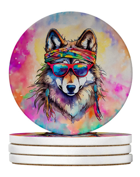 Hippie Animal Wolf Large Sandstone Absorbent Round Coasters Pack of 4 DAC4050 product image at NuMercy