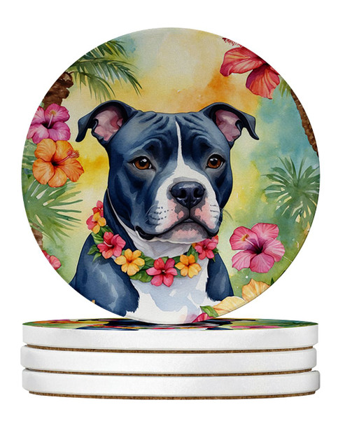 Staffordshire Bull Terrier Luau Large Sandstone Absorbent Round Coasters Pack of 4 product image at NuMercy