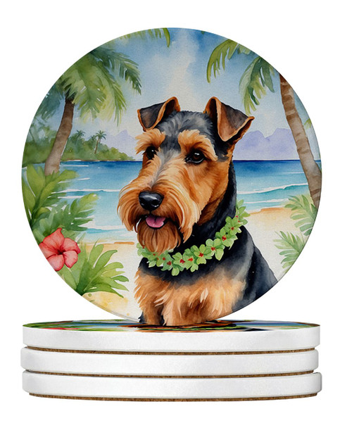 Welsh Terrier Luau Large Sandstone Absorbent Round Coasters Pack of 4 product image at NuMercy