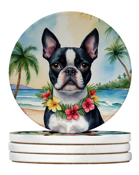 Boston Terrier Luau Large Sandstone Absorbent Round Coasters Pack of 4 DAC6383 product image at NuMercy