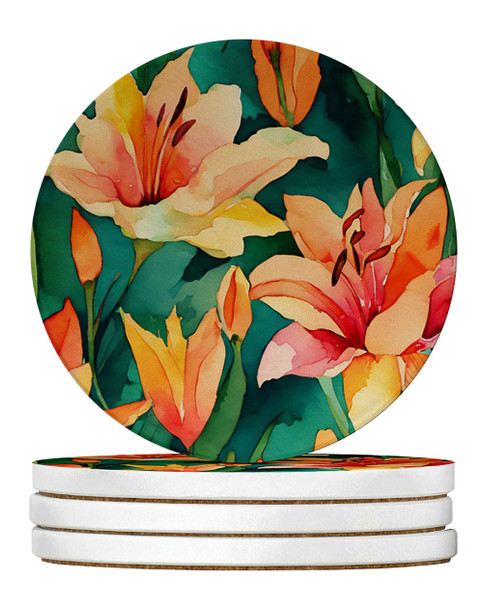 Lilies in Watercolor Large Sandstone Absorbent Round Coasters Pack of 4 DAC1587 product image at NuMercy