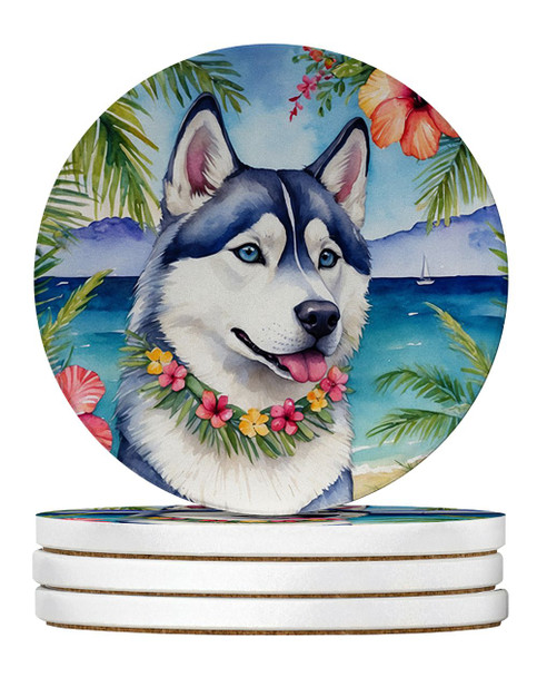 Siberian Husky Luau Large Sandstone Absorbent Round Coasters Pack of 4 product image at NuMercy