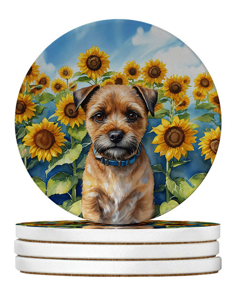 Border Terrier in Sunflowers Large Sandstone Absorbent Round Coasters Pack of 4 product image at NuMercy
