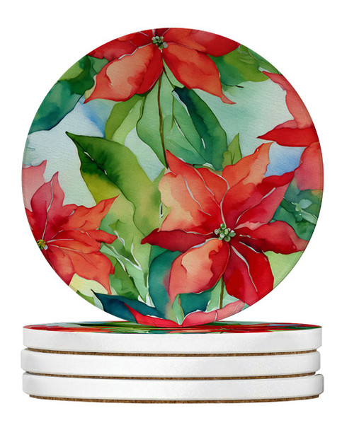 Poinsettias in Watercolor Large Sandstone Absorbent Round Coasters Pack of 4 product image at NuMercy