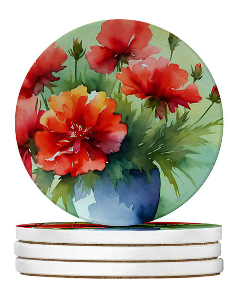Ohio Scarlet Carnations in Watercolor Large Sandstone Absorbent Round Coasters Pack of 4 DAC1699 product image at NuMercy