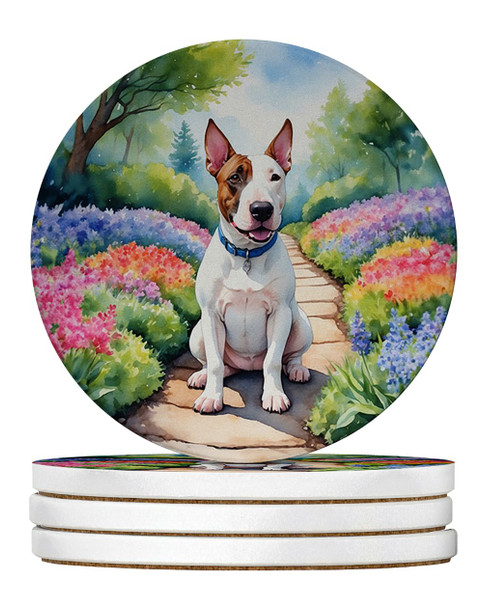 English Bull Terrier Spring Path Large Sandstone Absorbent Round Coasters Pack of 4 DAC6619 product image at NuMercy
