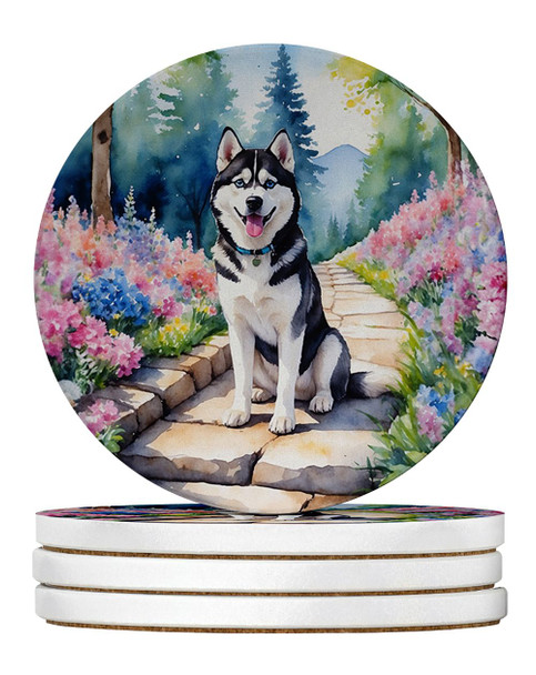 Siberian Husky Spring Path Large Sandstone Absorbent Round Coasters Pack of 4 DAC6719 product image at NuMercy