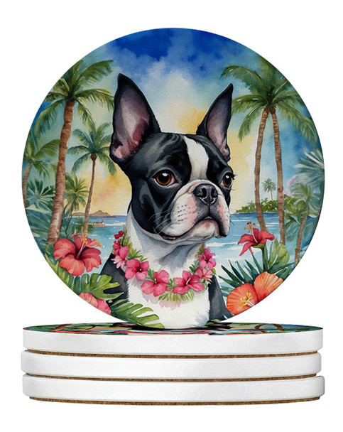 Boston Terrier Luau Large Sandstone Absorbent Round Coasters Pack of 4 DAC6382 product image at NuMercy