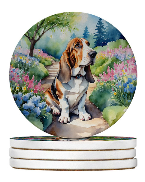 Basset Hound Spring Garden Large Sandstone Absorbent Round Coasters Pack of 4 product image at NuMercy