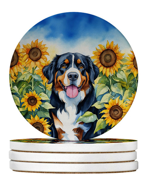 Bernese Mountain Dog in Sunflowers Large Sandstone Absorbent Round Coasters Pack of 4 product image at NuMercy