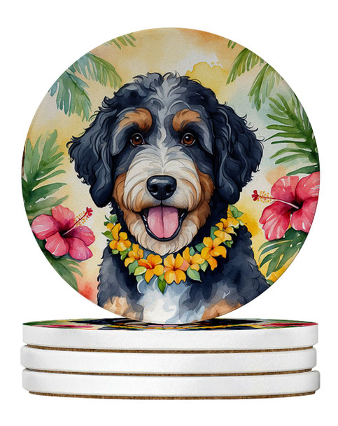 Bernedoodle Luau Large Sandstone Absorbent Round Coasters Pack of 4 product image at NuMercy