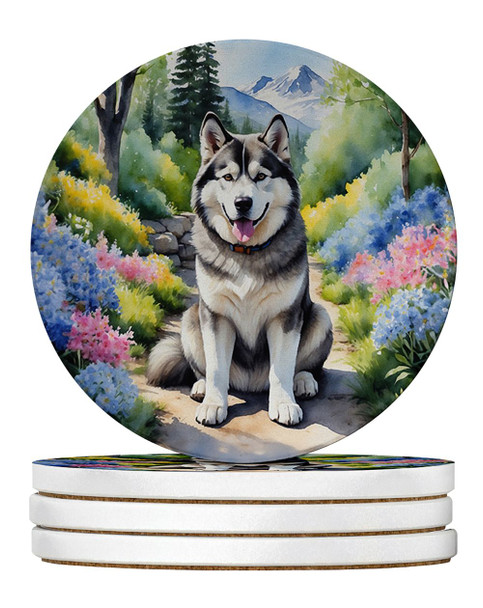 Alaskan Malamute Spring Garden Large Sandstone Absorbent Round Coasters Pack of 4 product image at NuMercy
