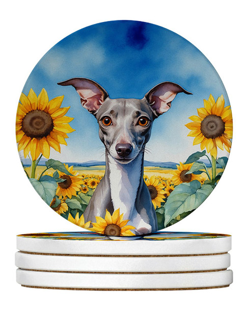Italian Greyhound in Sunflowers Large Sandstone Absorbent Round Coasters Pack of 4 product image at NuMercy