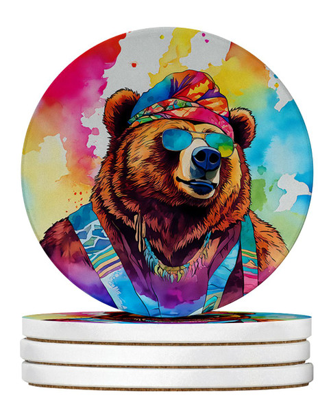 Hippie Animal Grizzly Bear Large Sandstone Absorbent Round Coasters Pack of 4 DAC3991 product image at NuMercy