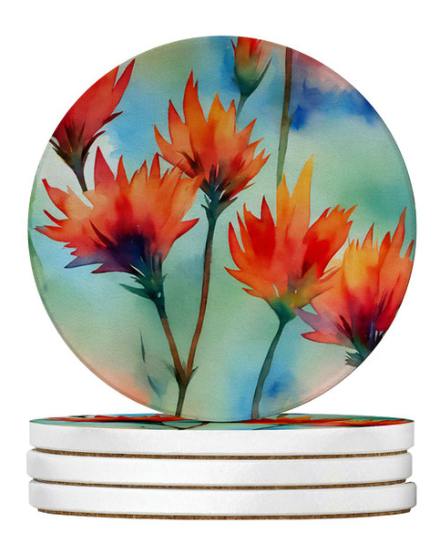 Wyoming Indian Paintbrush in Watercolor Large Sandstone Absorbent Round Coasters Pack of 4 DAC1719 product image at NuMercy