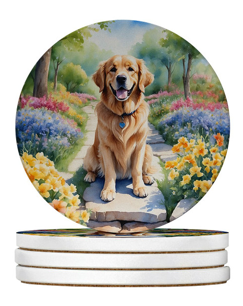 Golden Retriever Spring Path Large Sandstone Absorbent Round Coasters Pack of 4 DAC6637 product image at NuMercy