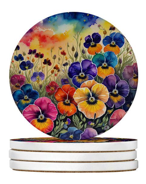 Colorful Pansies Large Sandstone Absorbent Round Coasters Pack of 4 product image at NuMercy