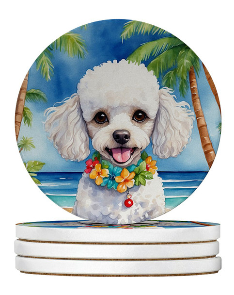 White Poodle Luau Large Sandstone Absorbent Round Coasters Pack of 4 DAC6496 product image at NuMercy