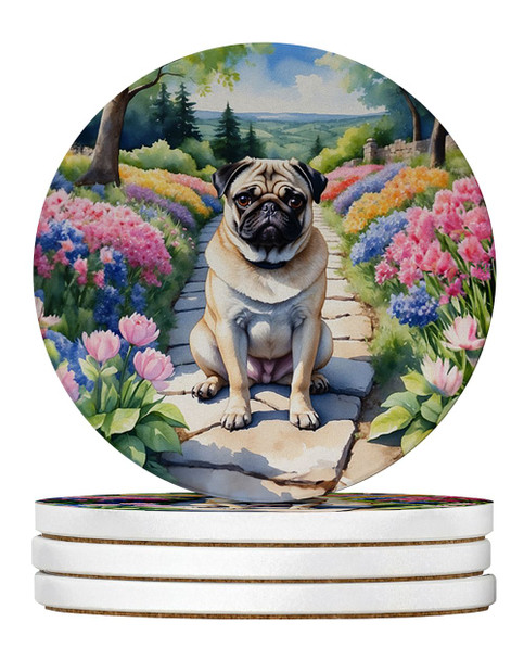 Pug Spring Path Large Sandstone Absorbent Round Coasters Pack of 4 product image at NuMercy