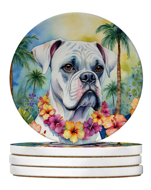 White Boxer Luau Large Sandstone Absorbent Round Coasters Pack of 4 DAC6387 product image at NuMercy