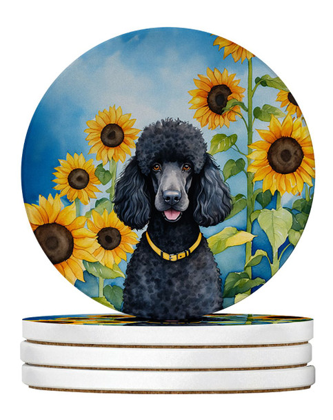 Black Poodle in Sunflowers Large Sandstone Absorbent Round Coasters Pack of 4 DAC6138 product image at 