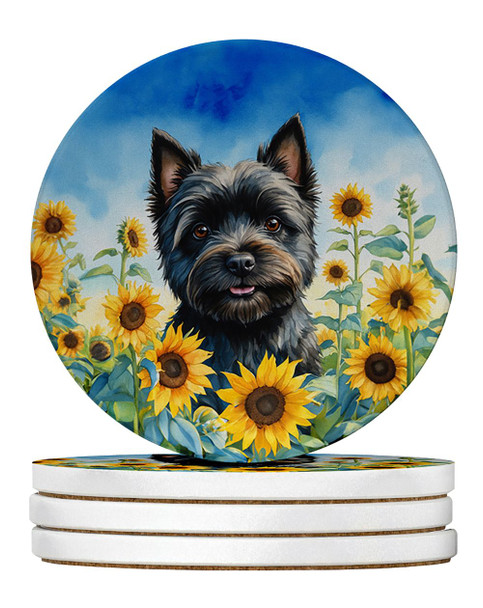 Cairn Terrier in Sunflowers Large Sandstone Absorbent Round Coasters Pack of 4 DAC6043 product image at NuMercy
