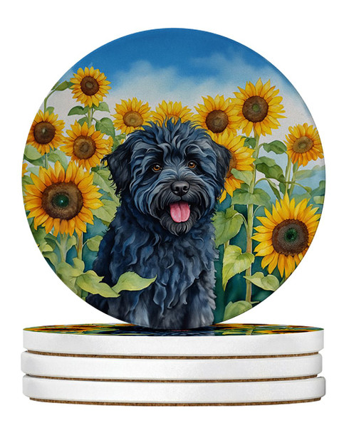 Puli in Sunflowers Large Sandstone Absorbent Round Coasters Pack of 4 product image at NuMercy