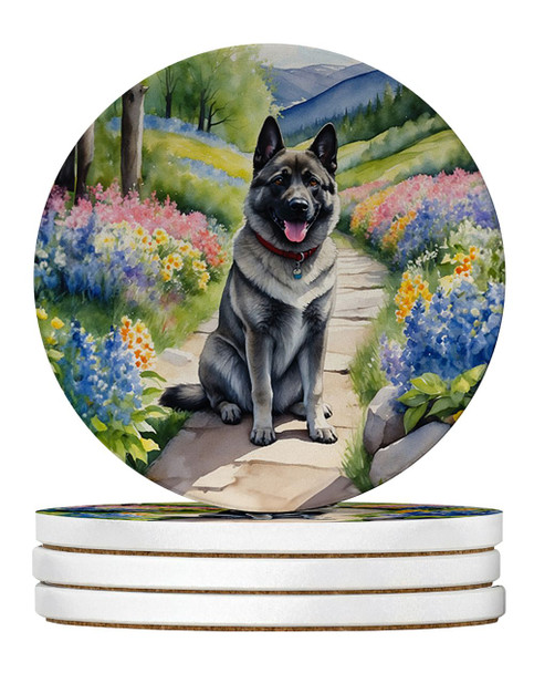 Norwegian Elkhound Spring Path Large Sandstone Absorbent Round Coasters Pack of 4 product image at NuMercy