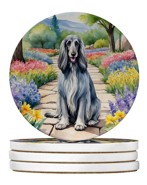 Afghan Hound Spring Garden Large Sandstone Absorbent Round Coasters Pack of 4 product image at NuMercy