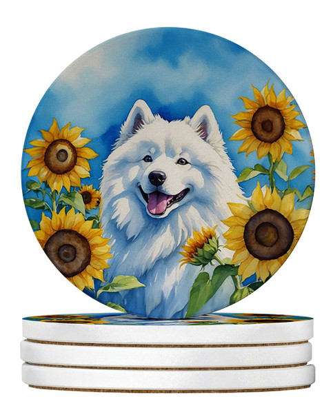 Samoyed in Sunflowers Large Sandstone Absorbent Round Coasters Pack of 4 DAC6153 product image at NuMercy
