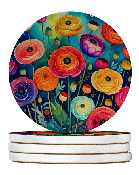 Colorful Ranunculus Large Sandstone Absorbent Round Coasters Pack of 4 product image at NuMercy