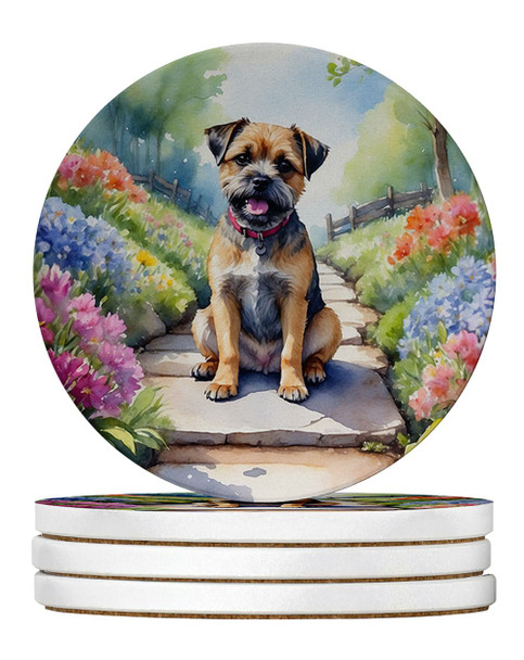 Border Terrier Spring Path Large Sandstone Absorbent Round Coasters Pack of 4 product image at NuMercy