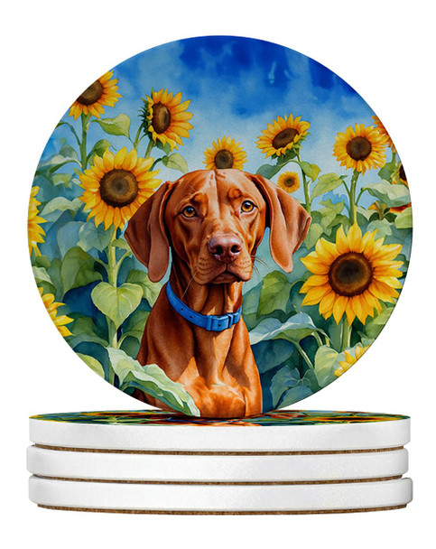 Vizsla in Sunflowers Large Sandstone Absorbent Round Coasters Pack of 4 product image at NuMercy