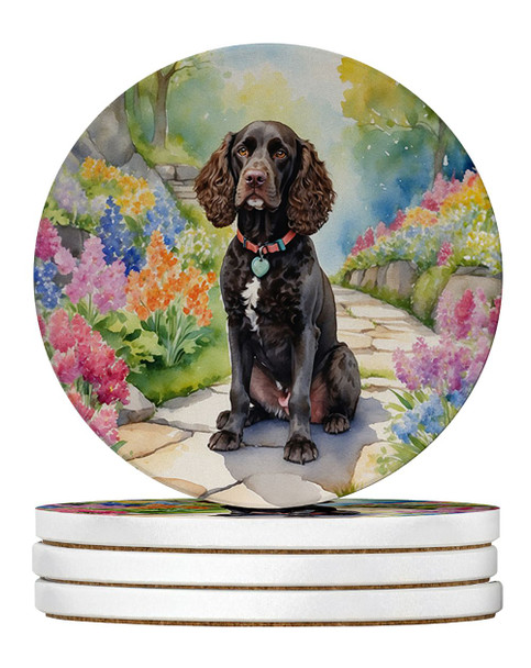 American Water Spaniel Spring Garden Large Sandstone Absorbent Round Coasters Pack of 4 product image at NuMercy