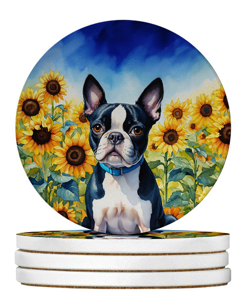 Boston Terrier in Sunflowers Large Sandstone Absorbent Round Coasters Pack of 4 product image at NuMercy