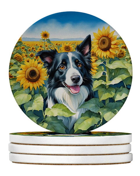 Border Collie in Sunflowers Large Sandstone Absorbent Round Coasters Pack of 4 DAC6031 product image at NuMercy