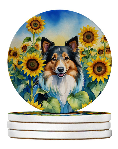 Sheltie in Sunflowers Large Sandstone Absorbent Round Coasters Pack of 4 product image at NuMercy
