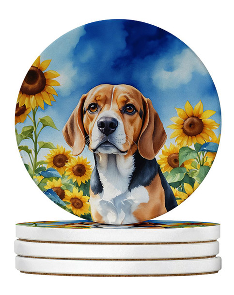 Beagle in Sunflowers Large Sandstone Absorbent Round Coasters Pack of 4 product image at NuMercy